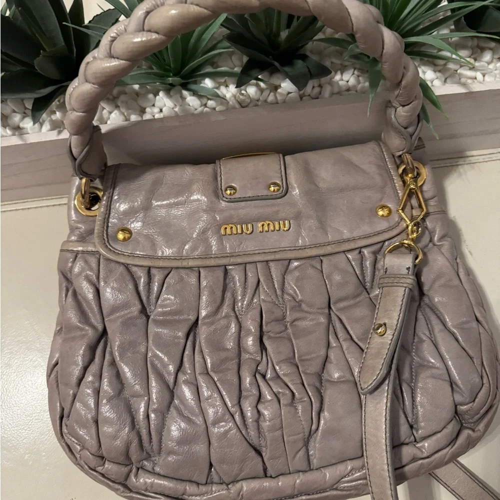 Miu Miu Gray Leather Handbag with Gold Accents - Picture 7 of 14